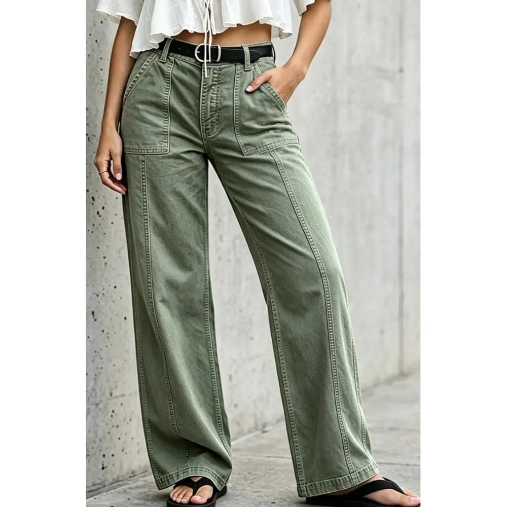 Flamingals Green Seam Front Patch Pocket Mid Rise Wide Leg Pants S 273608 HYL - Picture 1 of 7